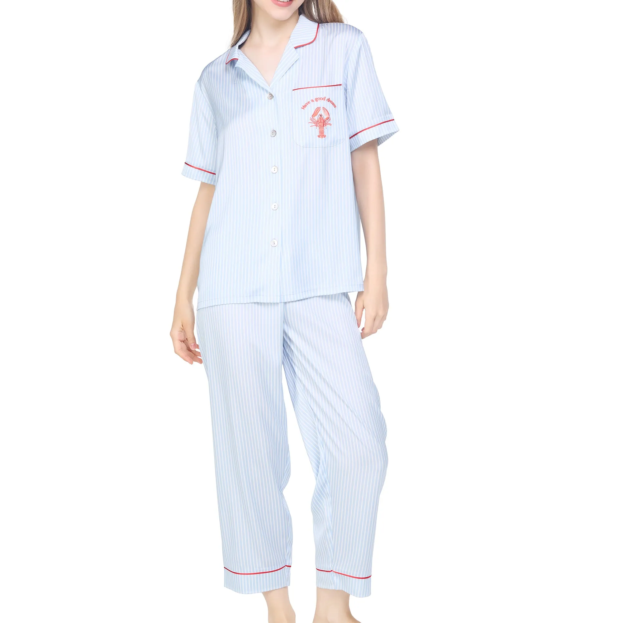 Wacoal Sleep wear ชุดนอนเสื้อแขนสั้น กางเกงขาสั้น ลายปัก Lobster รุ่น WN7E53 สีฟ้า (SX)