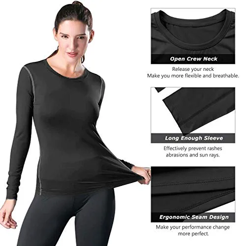 WANAYOU Women's Workout Tops Athletic Long Sleeve T Shirt Yoga Tops Gym Sports T-Shirt Activewear,2 Pack(Black/Grey),M