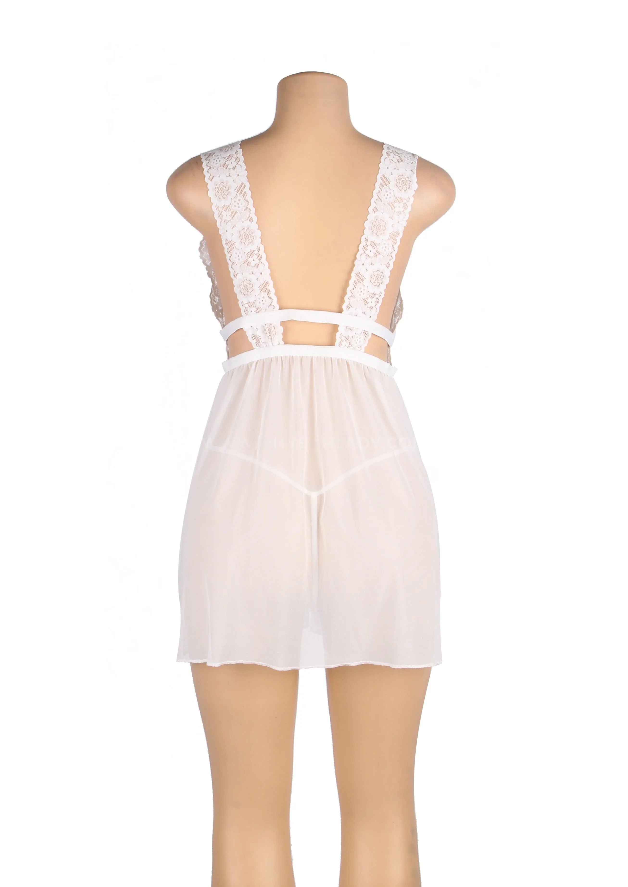 White & Burgundy Deep V-neck Mesh Sexy Babydoll