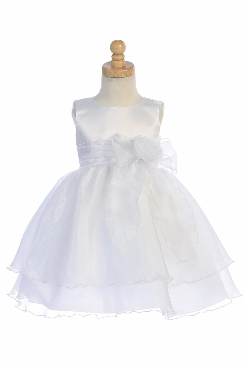 White Satin Bodice Flower Girl Dress w/ Crystal Organza Skirt - BL244-WHITE
