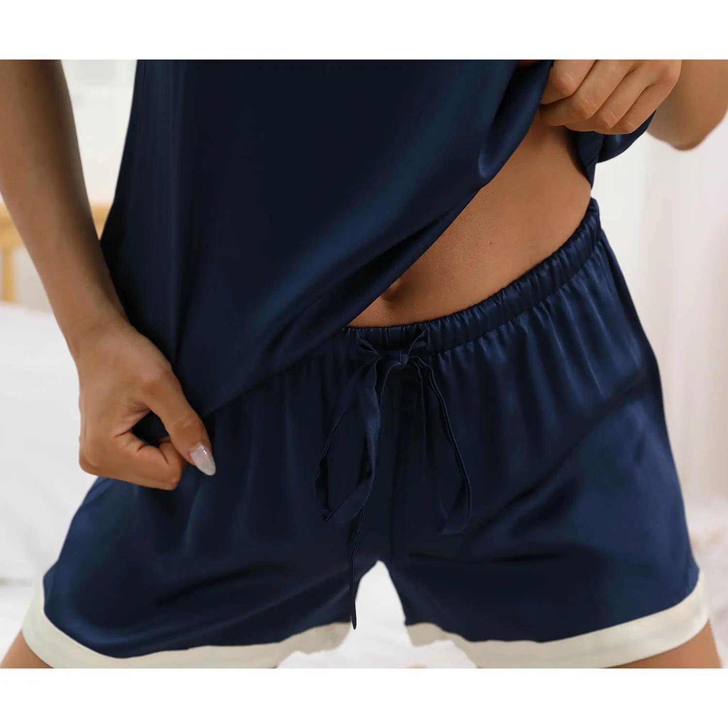 Women V Neck Silk Pajamas 100% Short Silk Sleepwear Set