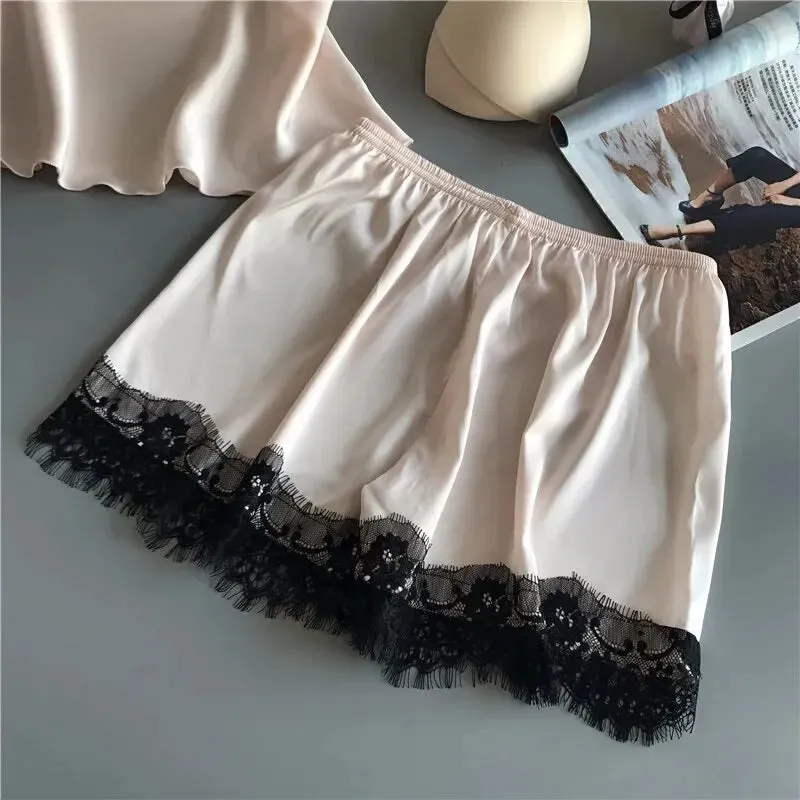 Women V Neck Stretch Satin Babydoll Lace Lingerie Pajama Set
