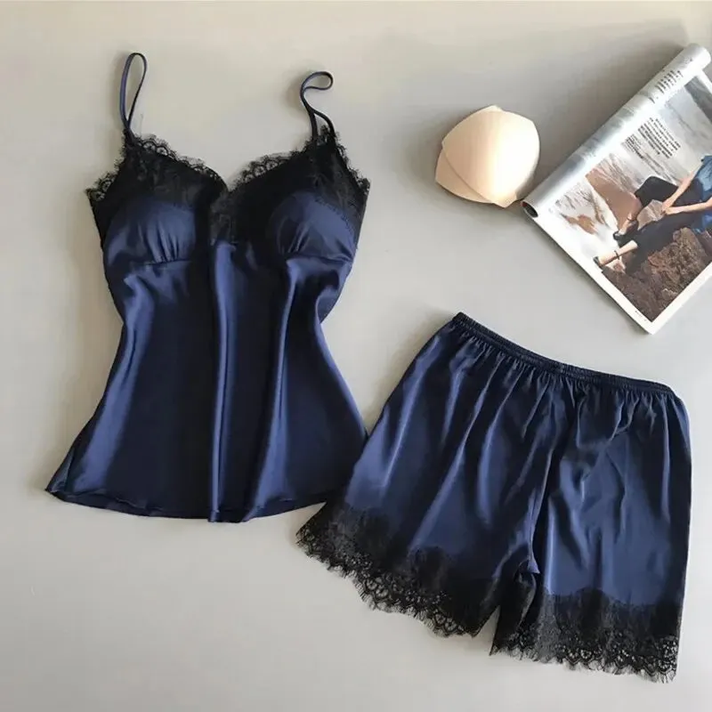 Women V Neck Stretch Satin Babydoll Lace Lingerie Pajama Set