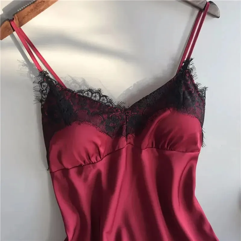 Women V Neck Stretch Satin Babydoll Lace Lingerie Pajama Set