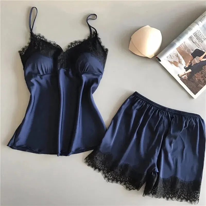 Women V Neck Stretch Satin Babydoll Lace Lingerie Pajama Set