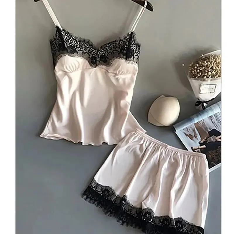 Women V Neck Stretch Satin Babydoll Lace Lingerie Pajama Set