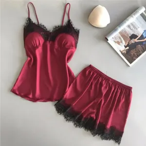 Women V Neck Stretch Satin Babydoll Lace Lingerie Pajama Set