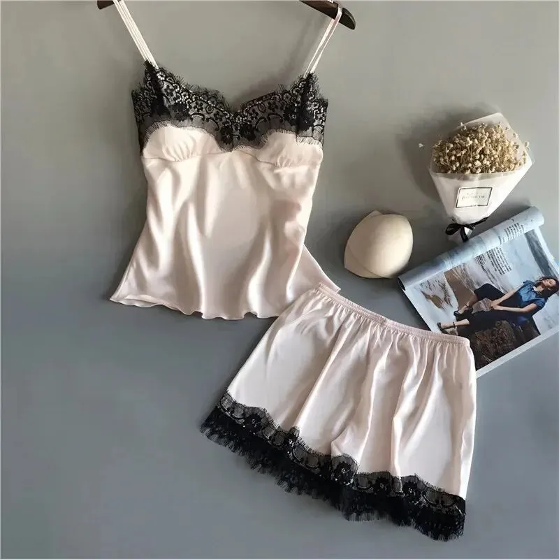 Women V Neck Stretch Satin Babydoll Lace Lingerie Pajama Set