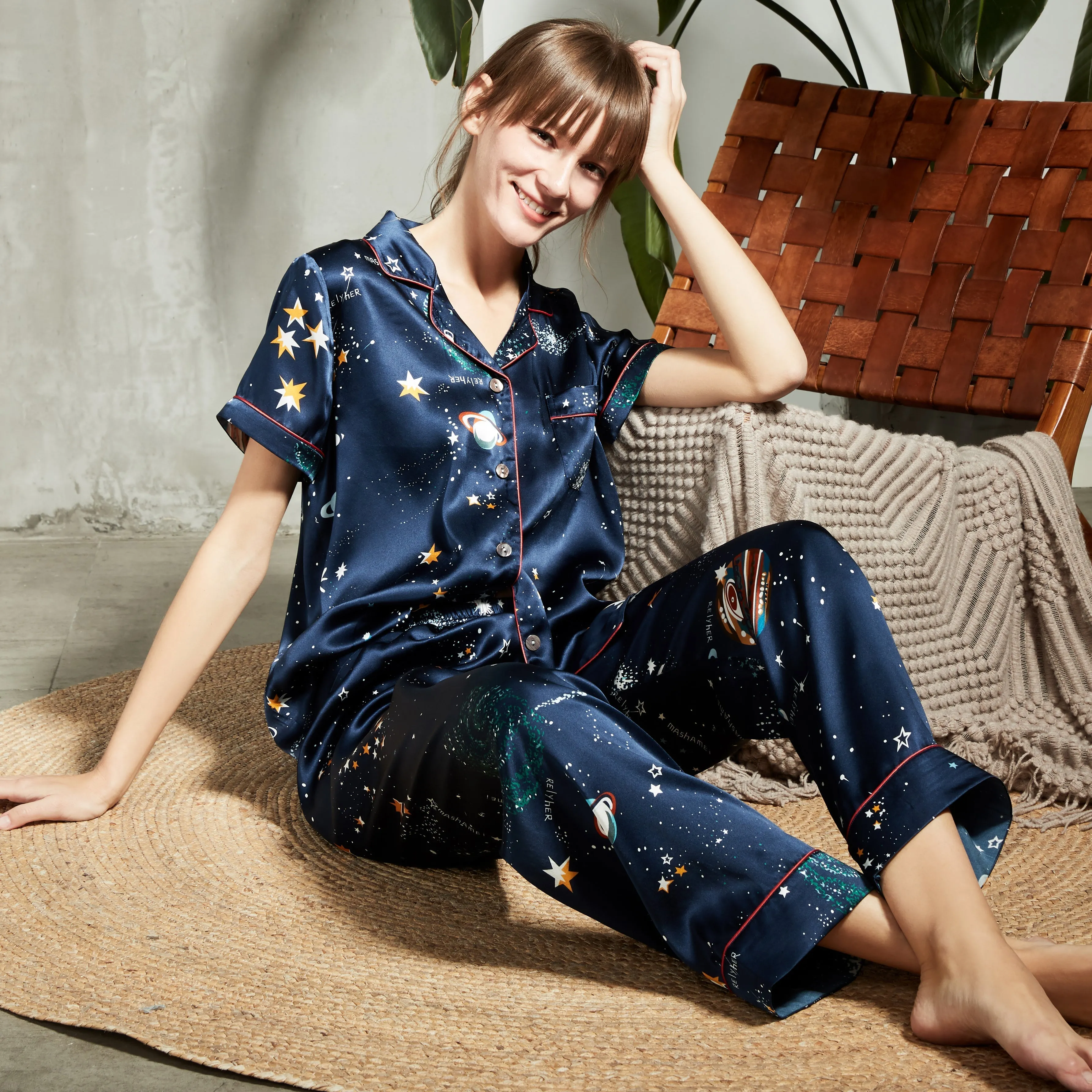 Womens 100% Silk Pajamas Set  Galaxy Print silk Sleepwear
