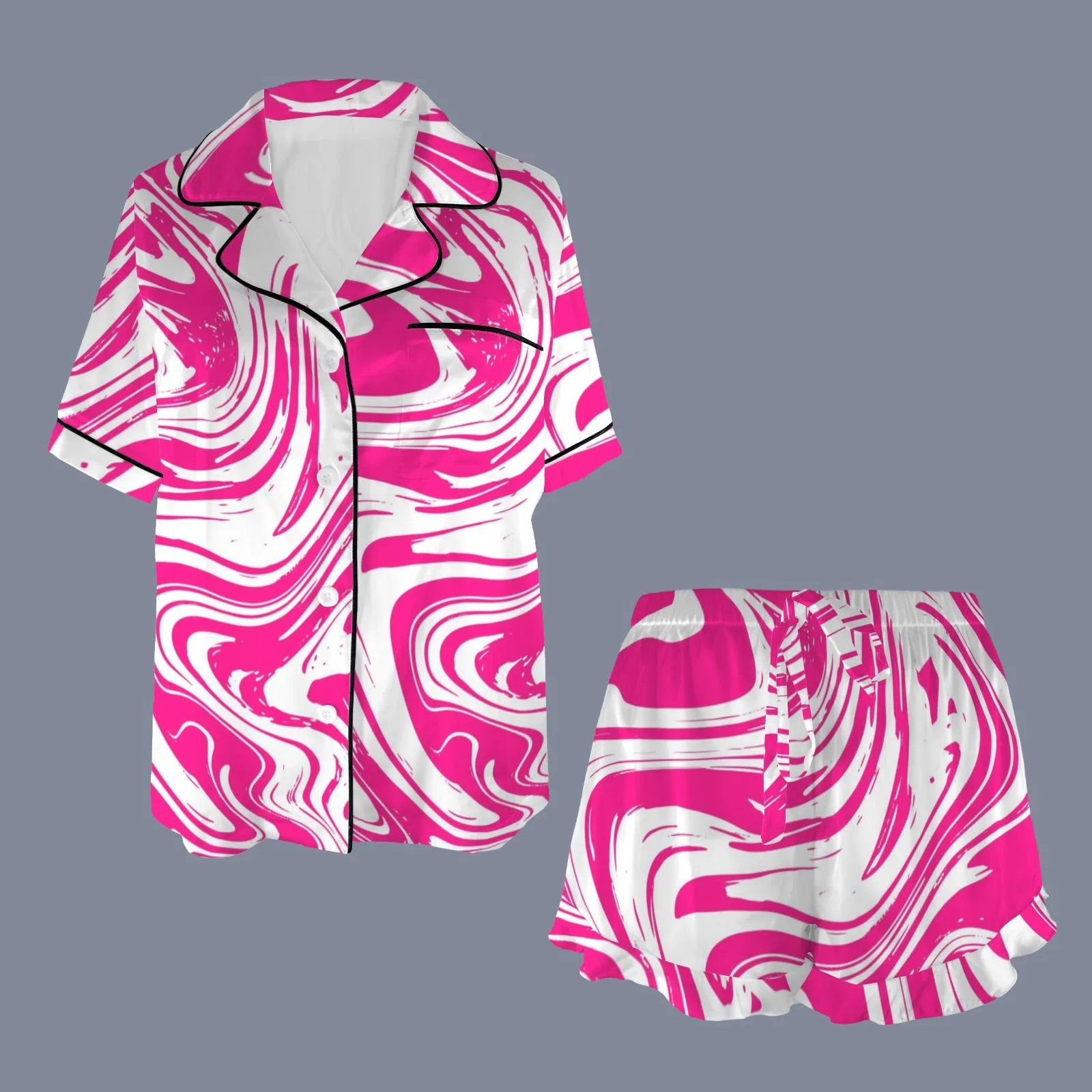 Women's Lapel Ruffle Hem Short Pocket Pajama Sets