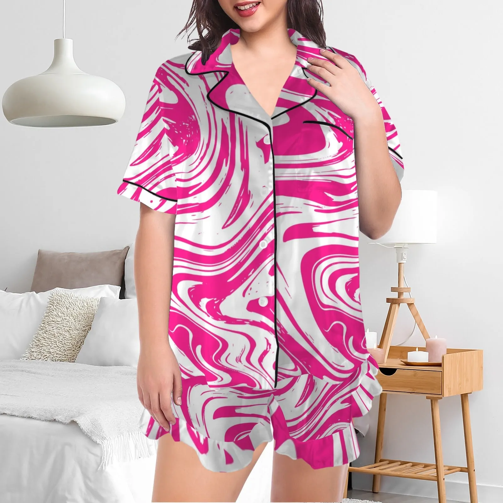 Women's Lapel Ruffle Hem Short Pocket Pajama Sets