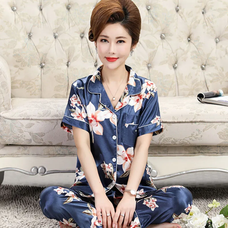 Women's Pajamas Spring And Summer Ice Silk Short Sleeve Trousers Suit