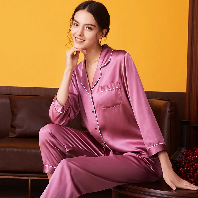 Women's Silk Pajamas Summer Long-sleeve Two-piece Set Mulberry Silk Couple Home Wear