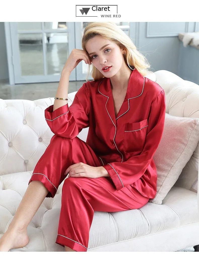 Women's Silk Pajamas Summer Long-sleeve Two-piece Set Mulberry Silk Couple Home Wear
