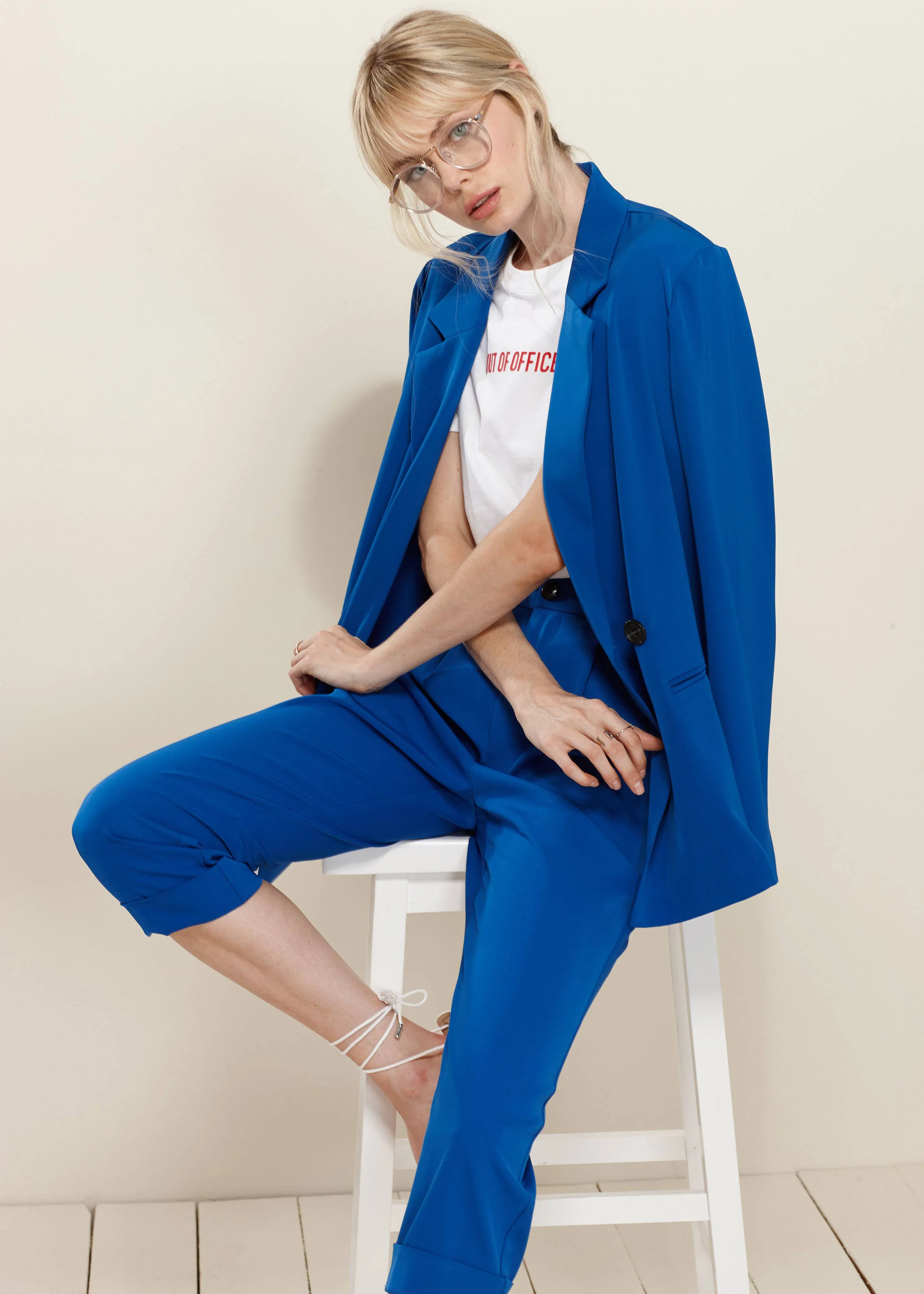 Women's Solid Couble Breast Blazer in Royal Blue