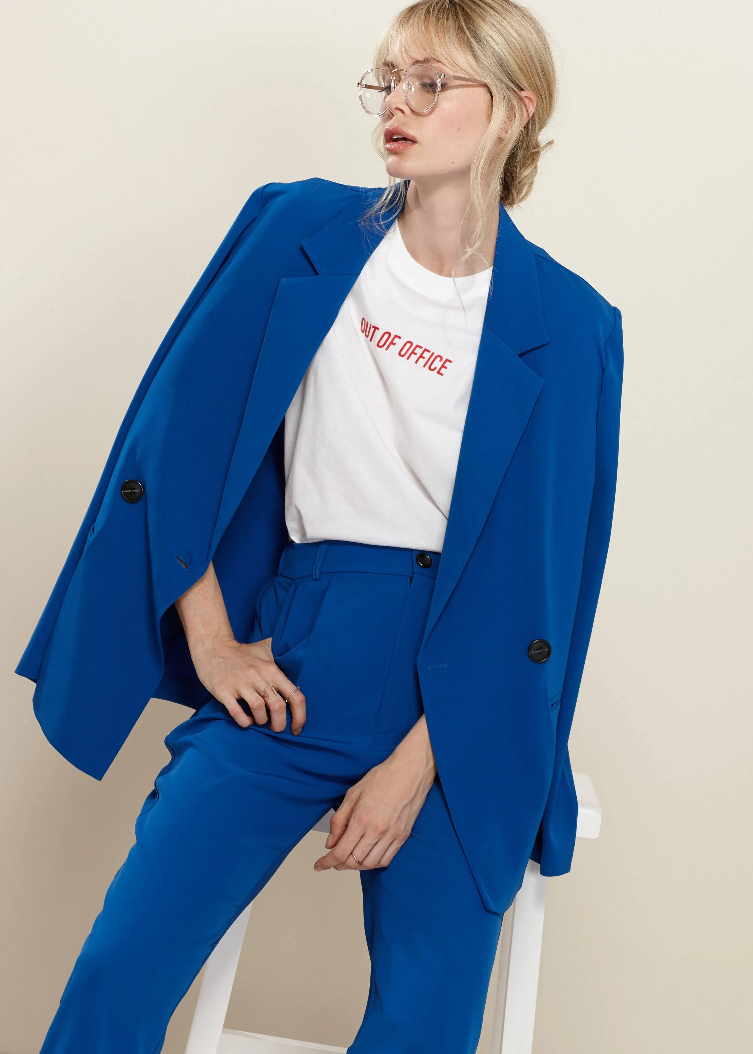 Women's Solid Couble Breast Blazer in Royal Blue