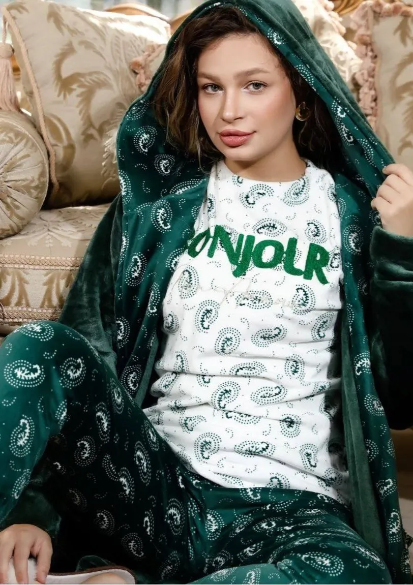 Women's winter pajamas, 3 pieces, T-shirt   pants   short robe