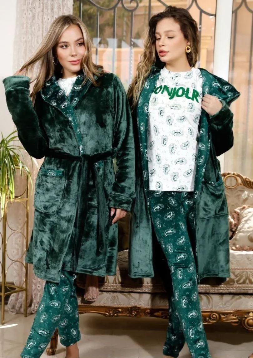 Women's winter pajamas, 3 pieces, T-shirt   pants   short robe