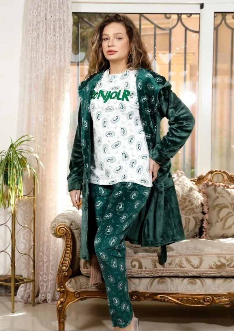 Women's winter pajamas, 3 pieces, T-shirt   pants   short robe