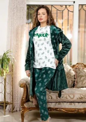 Women's winter pajamas, 3 pieces, T-shirt   pants   short robe