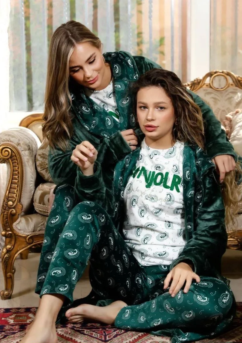 Women's winter pajamas, 3 pieces, T-shirt   pants   short robe