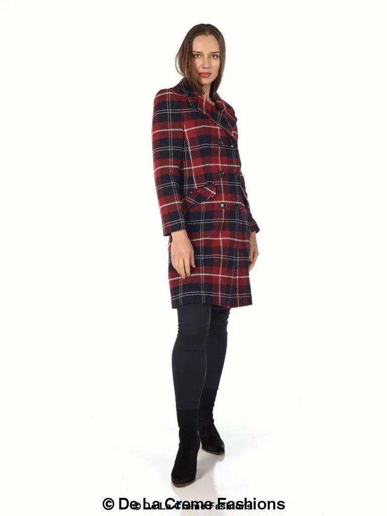 Wool Blend Tartan Check Double Breasted Coat