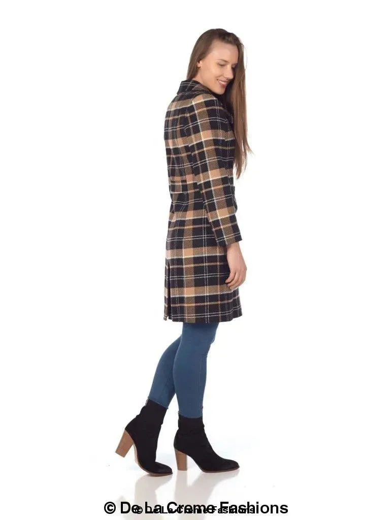 Wool Blend Tartan Check Double Breasted Coat