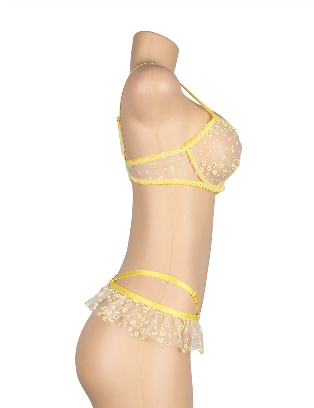 Yellow Floral Mesh Underwire Sexy Bra Set Egypt