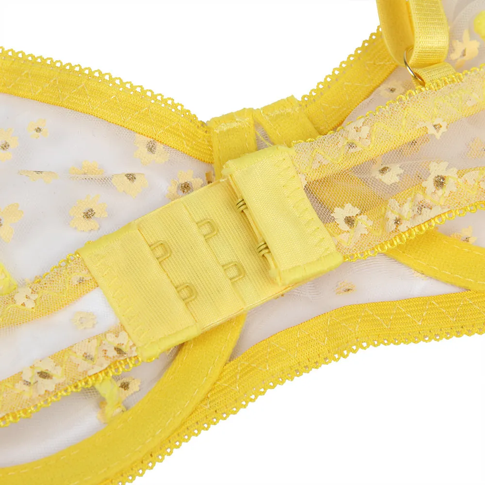 Yellow Floral Mesh Underwire Sexy Bra Set Egypt