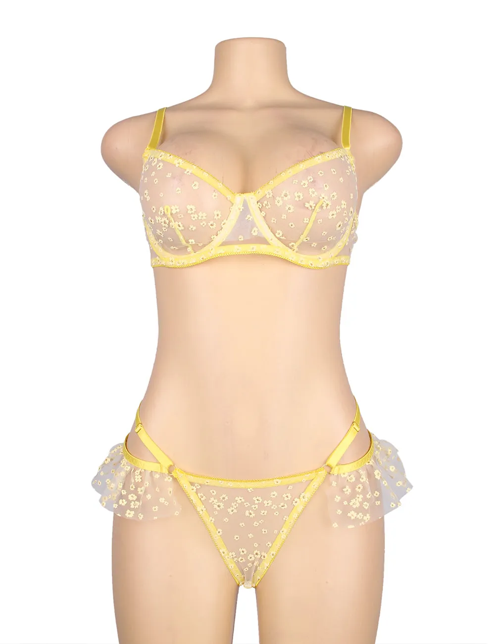 Yellow Floral Mesh Underwire Sexy Bra Set Egypt
