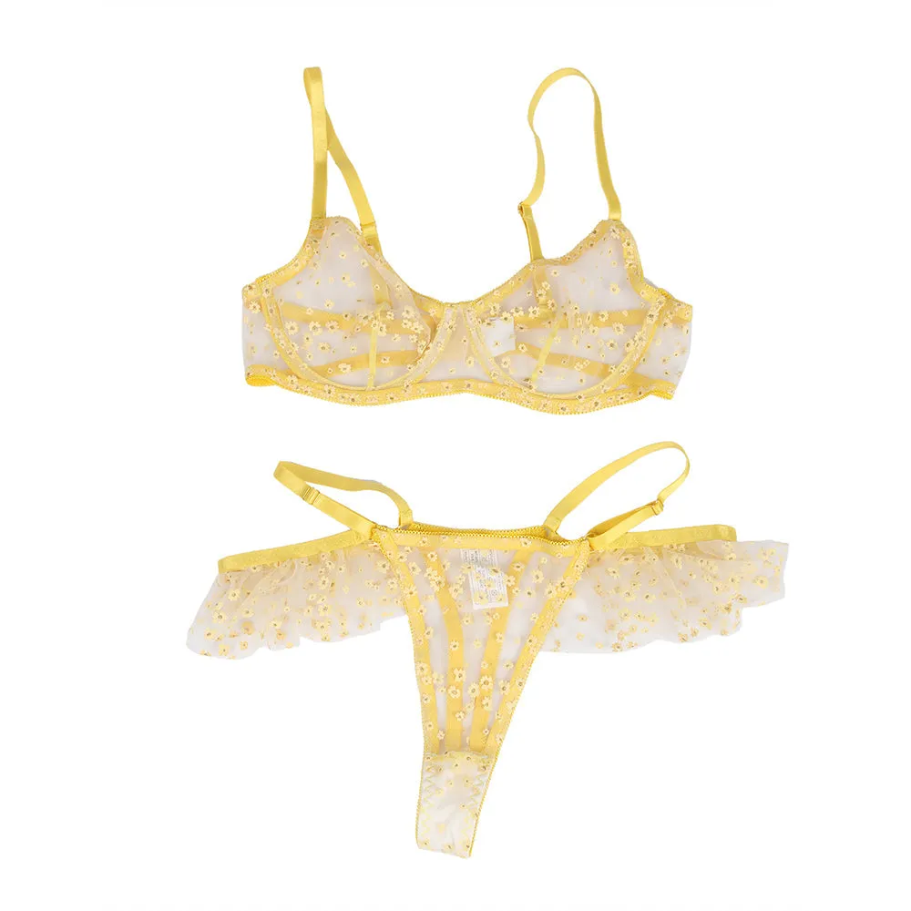 Yellow Floral Mesh Underwire Sexy Bra Set Egypt