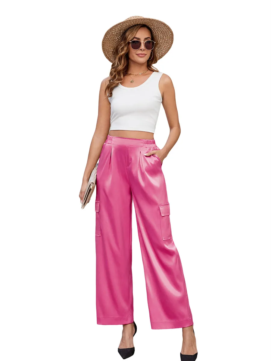 ZAFUL Womens Satin Pants Wide Leg High Waisted Cargo Pants Silky Dressy Casual Slack Trousers