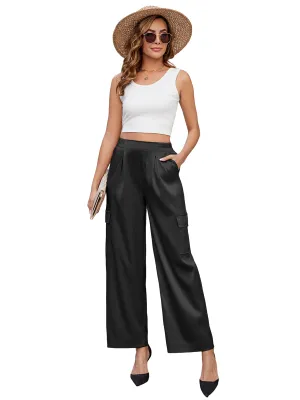 ZAFUL Womens Satin Pants Wide Leg High Waisted Cargo Pants Silky Dressy Casual Slack Trousers