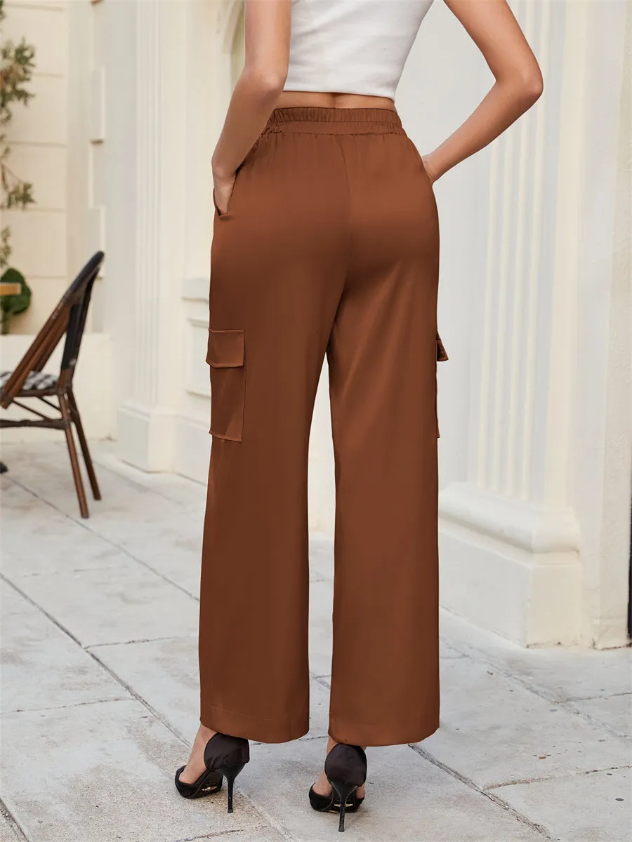 ZAFUL Womens Satin Pants Wide Leg High Waisted Cargo Pants Silky Dressy Casual Slack Trousers