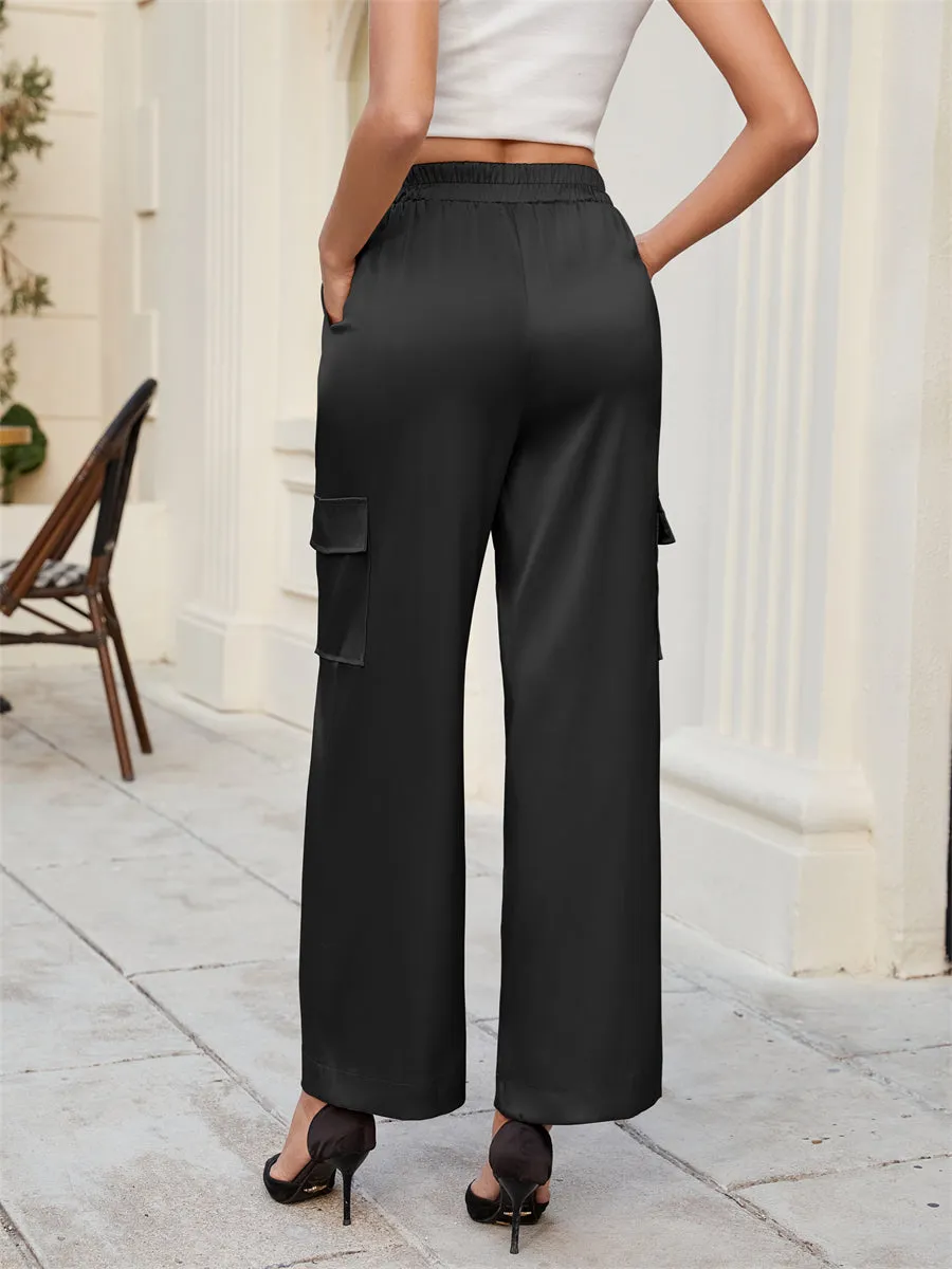 ZAFUL Womens Satin Pants Wide Leg High Waisted Cargo Pants Silky Dressy Casual Slack Trousers