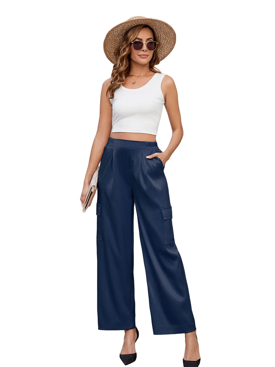 ZAFUL Womens Satin Pants Wide Leg High Waisted Cargo Pants Silky Dressy Casual Slack Trousers