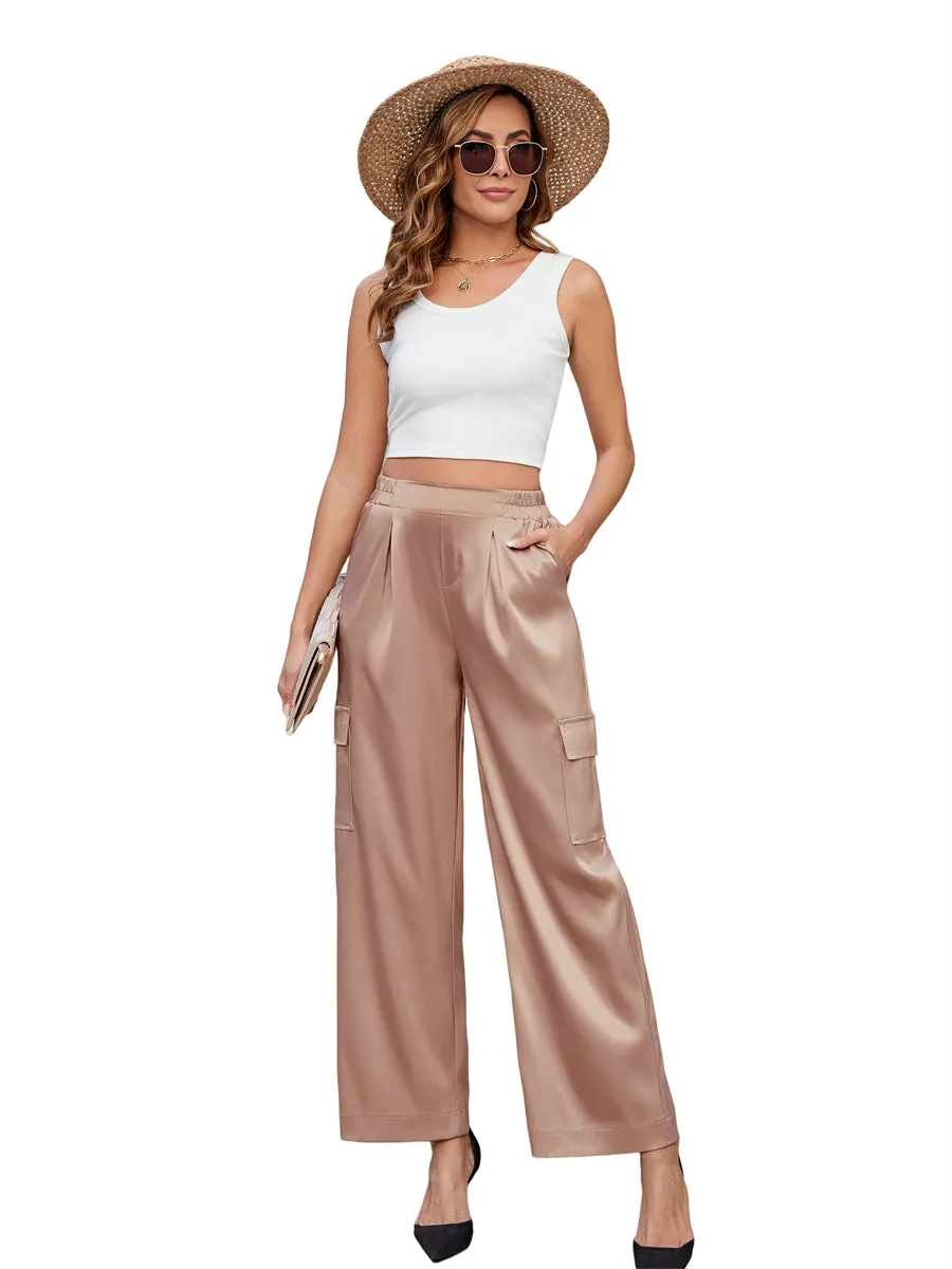ZAFUL Womens Satin Pants Wide Leg High Waisted Cargo Pants Silky Dressy Casual Slack Trousers