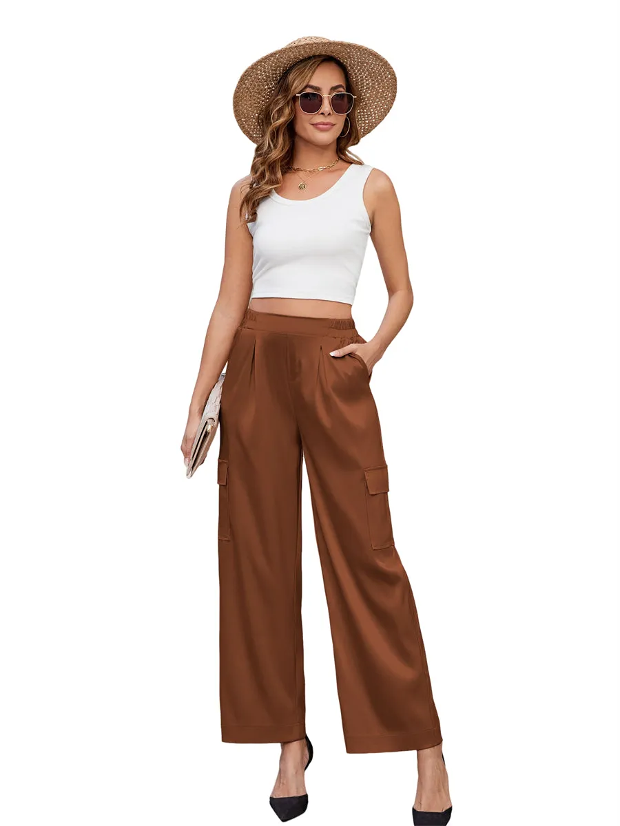 ZAFUL Womens Satin Pants Wide Leg High Waisted Cargo Pants Silky Dressy Casual Slack Trousers